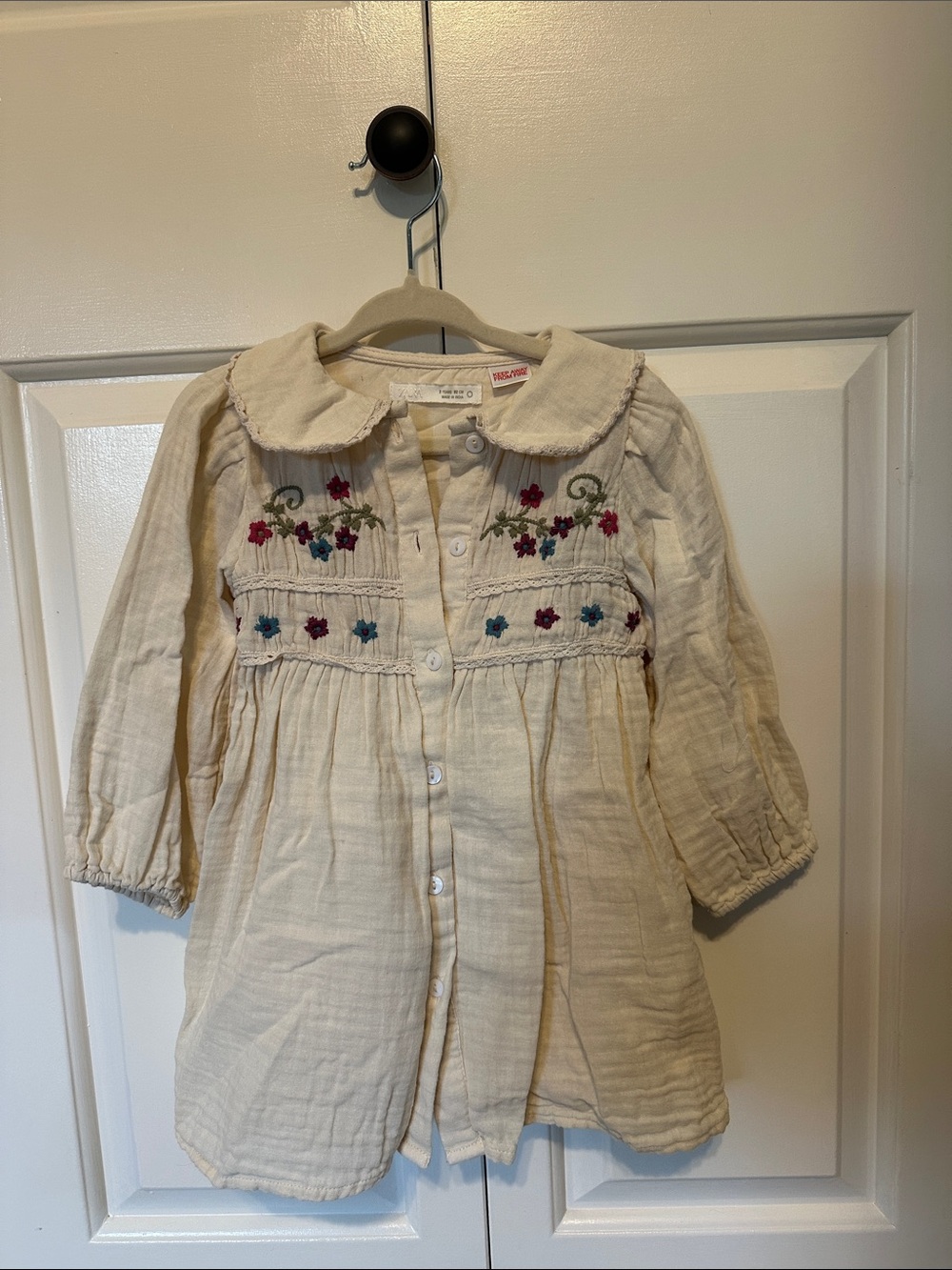 Zara Kids Cream Embroidered Peasant Dress - Button-Front